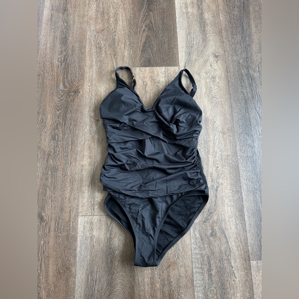 Tommy Bahama Black Ruched Swim One-Piece with Gold Hardware size 12